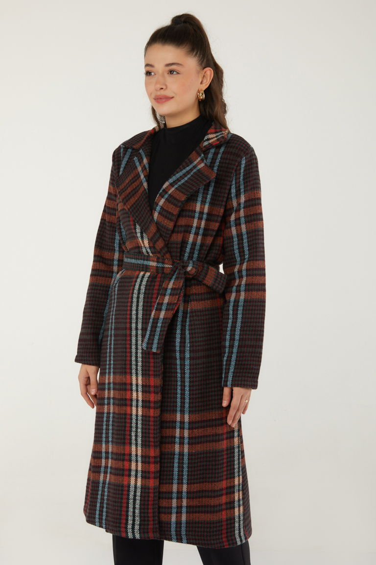 Desenli Kaşe Kaban Bordo - 13351 - TOFİSA