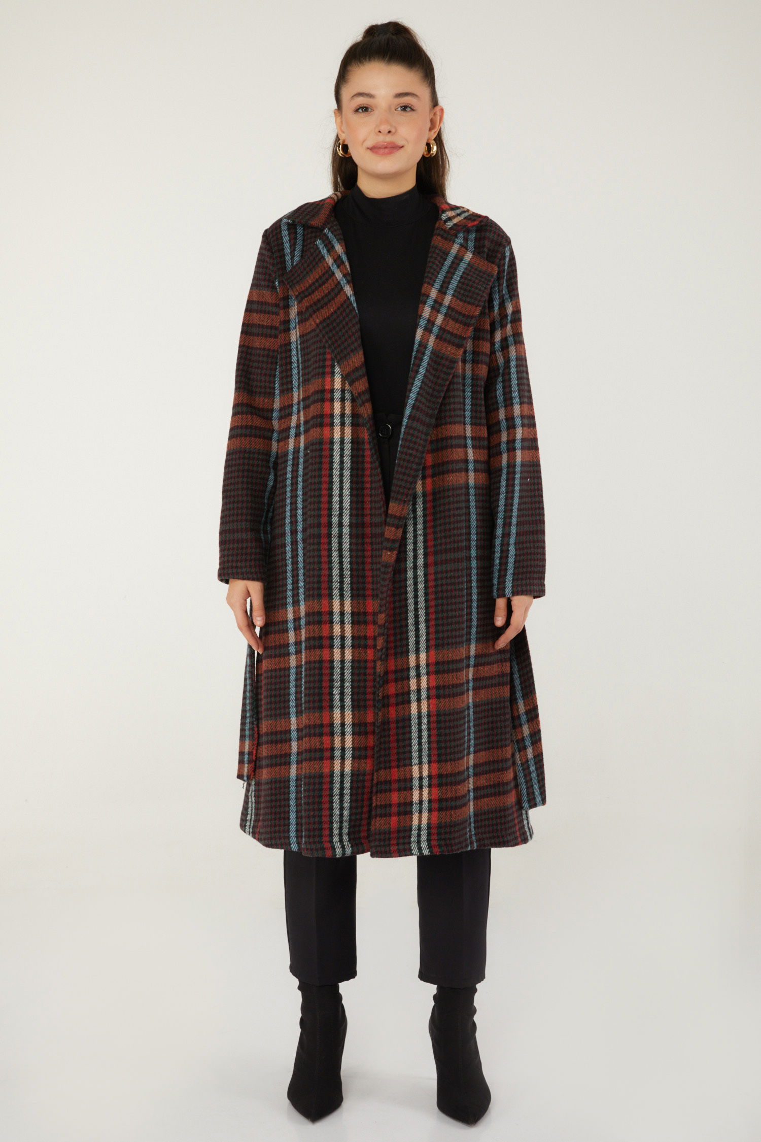 Desenli Kaşe Kaban Bordo - 13351 - 2