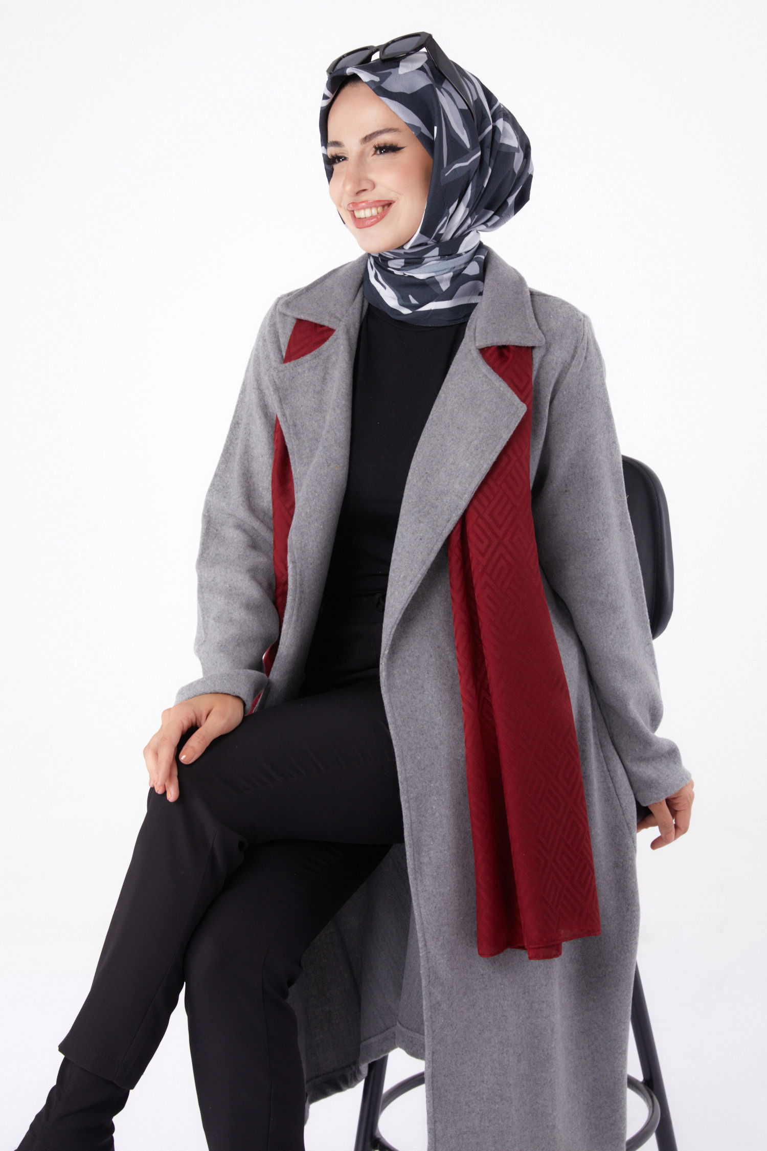 Düz Kruvaze Yaka Kadın Gri Kaşe Kaban - 13287 - 1