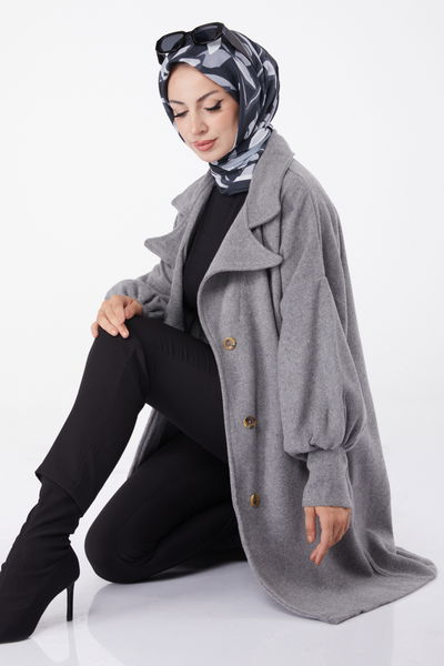 Düz Kruvaze Yaka Kadın Gri Kaşe Kaban - 13289 