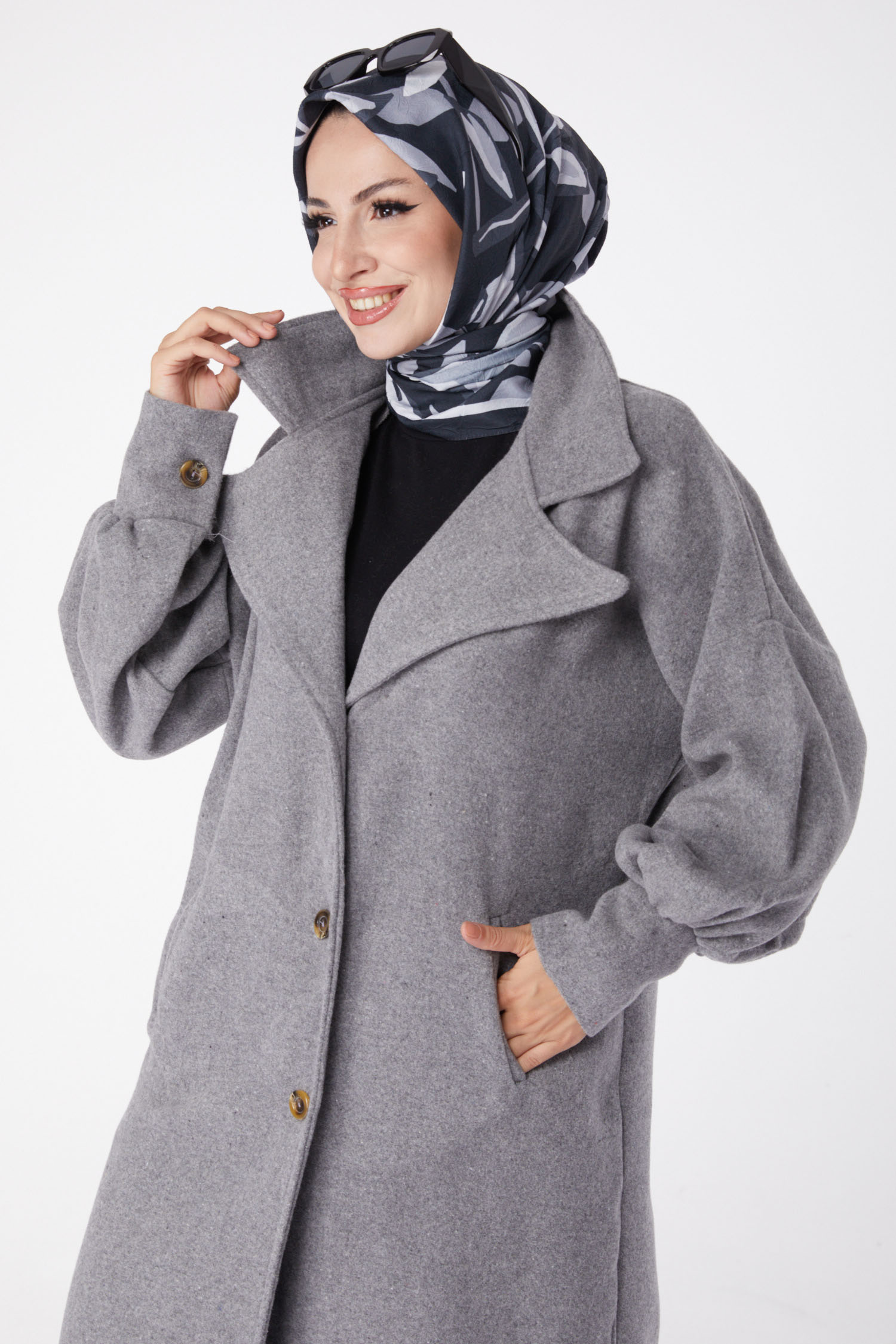 Düz Kruvaze Yaka Kadın Gri Kaşe Kaban - 13289 - 3