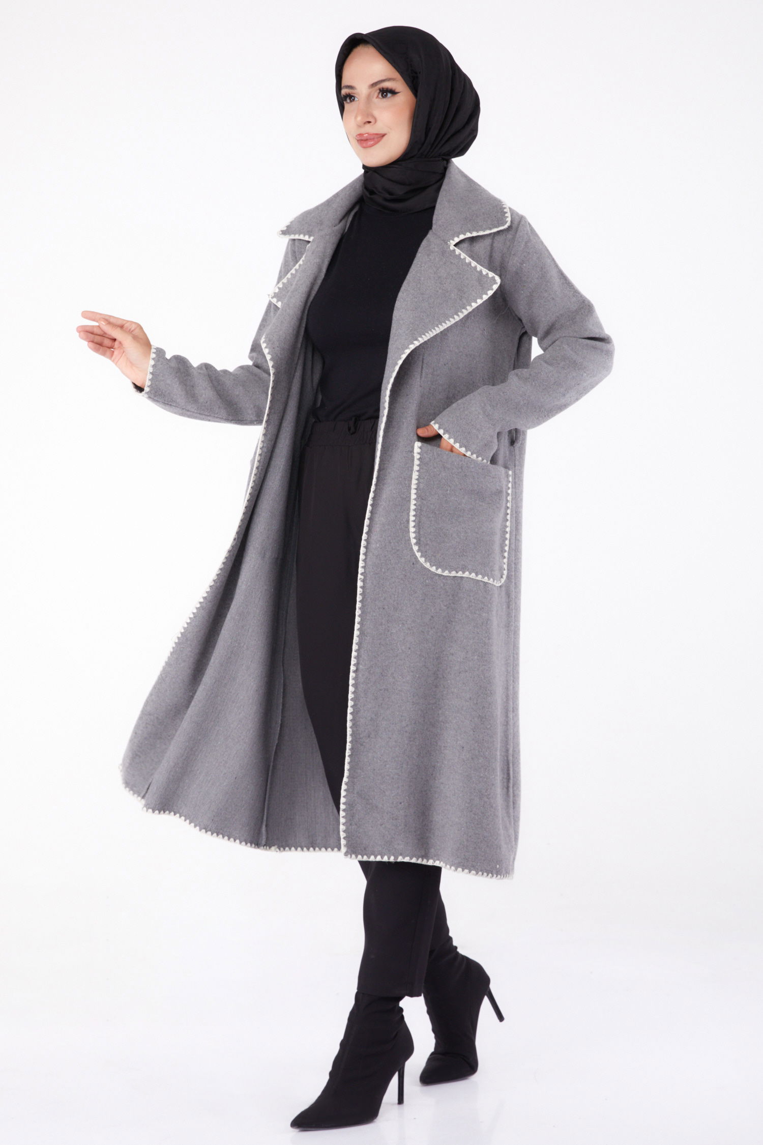 Nakış Detaylı Kaban Gri - 13284 - 1