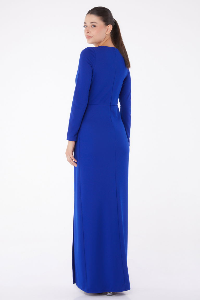 Düz Kruvaze Yaka Kadın Saks Abiye Elbise - 13254 - TOFİSA