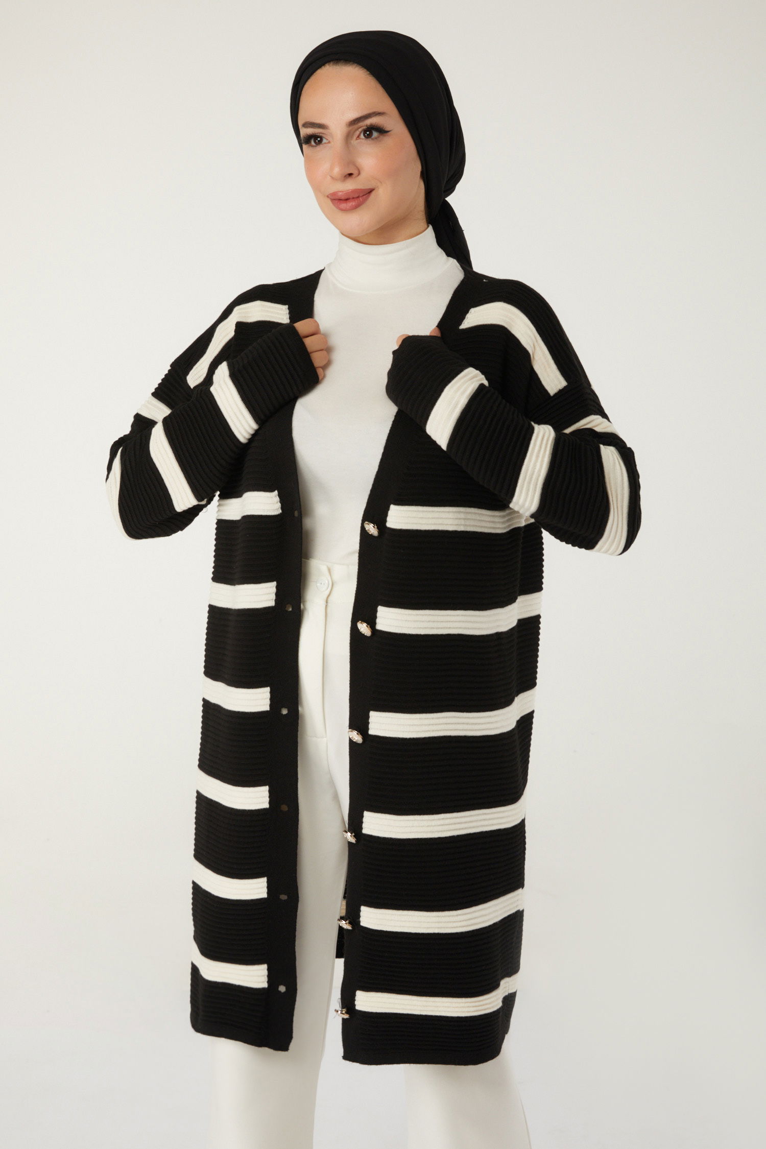 Düz Kruvaze Yaka Kadın Siyah Çizgili Hırka - 26494 - 2