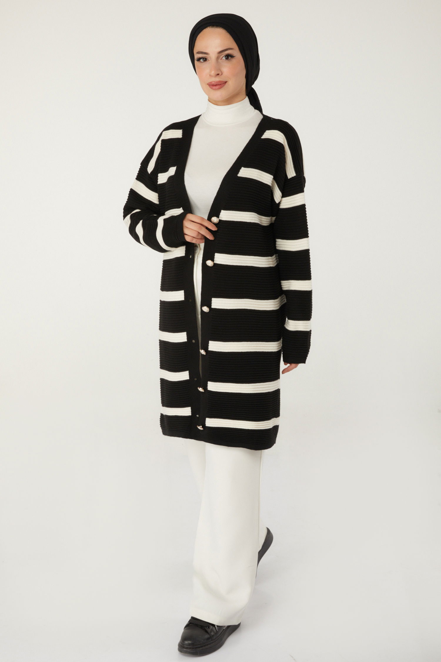 Düz Kruvaze Yaka Kadın Siyah Çizgili Hırka - 26494 - 4