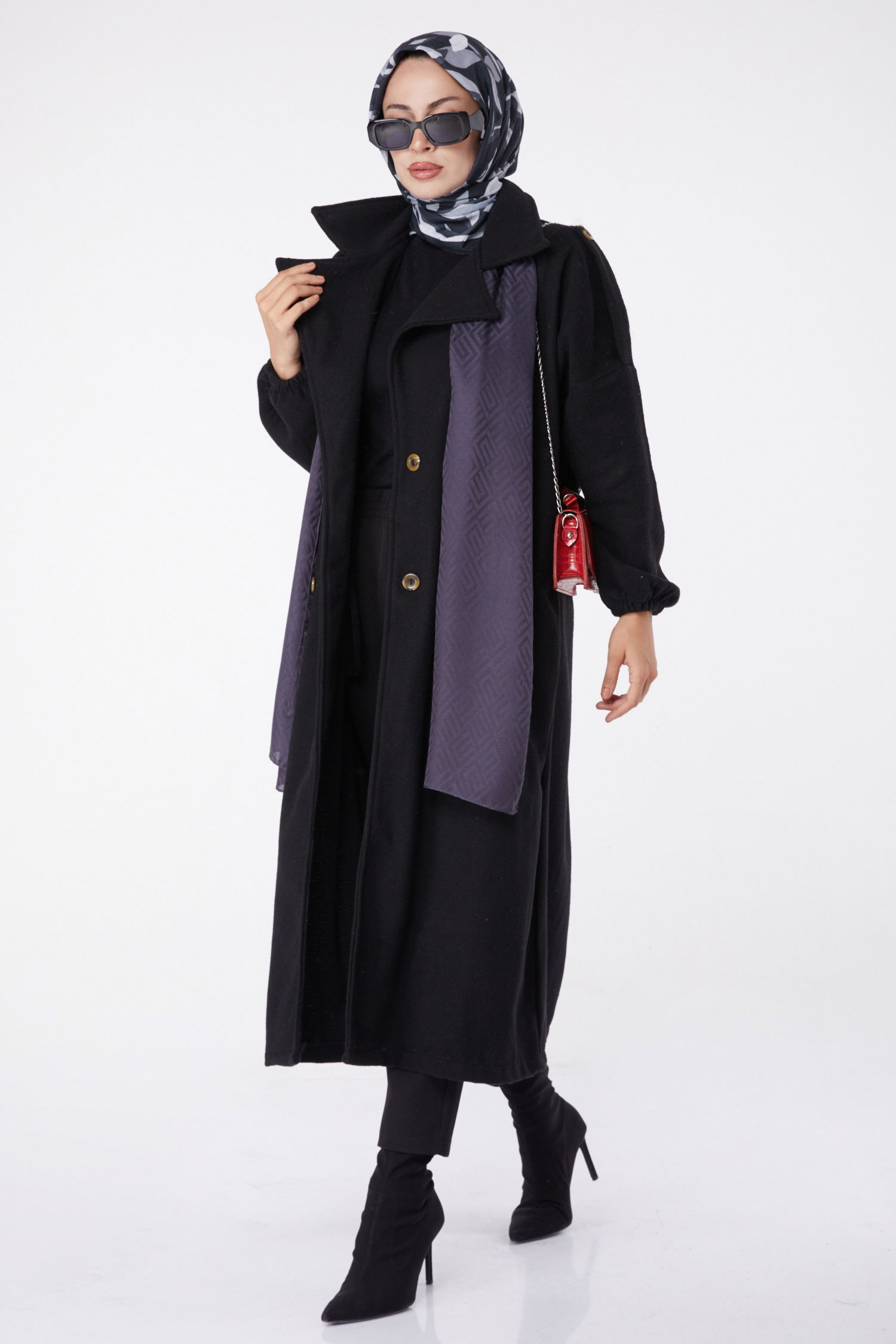 Düz Kruvaze Yaka Kadın Siyah Kaşe Kaban - 13288 - 1