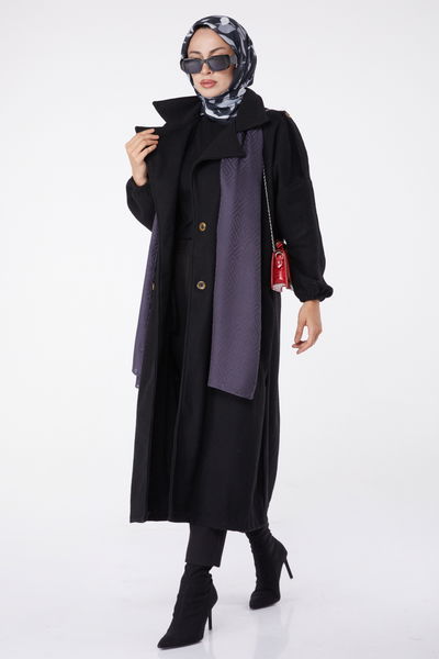 Düz Kruvaze Yaka Kadın Siyah Kaşe Kaban - 13288 