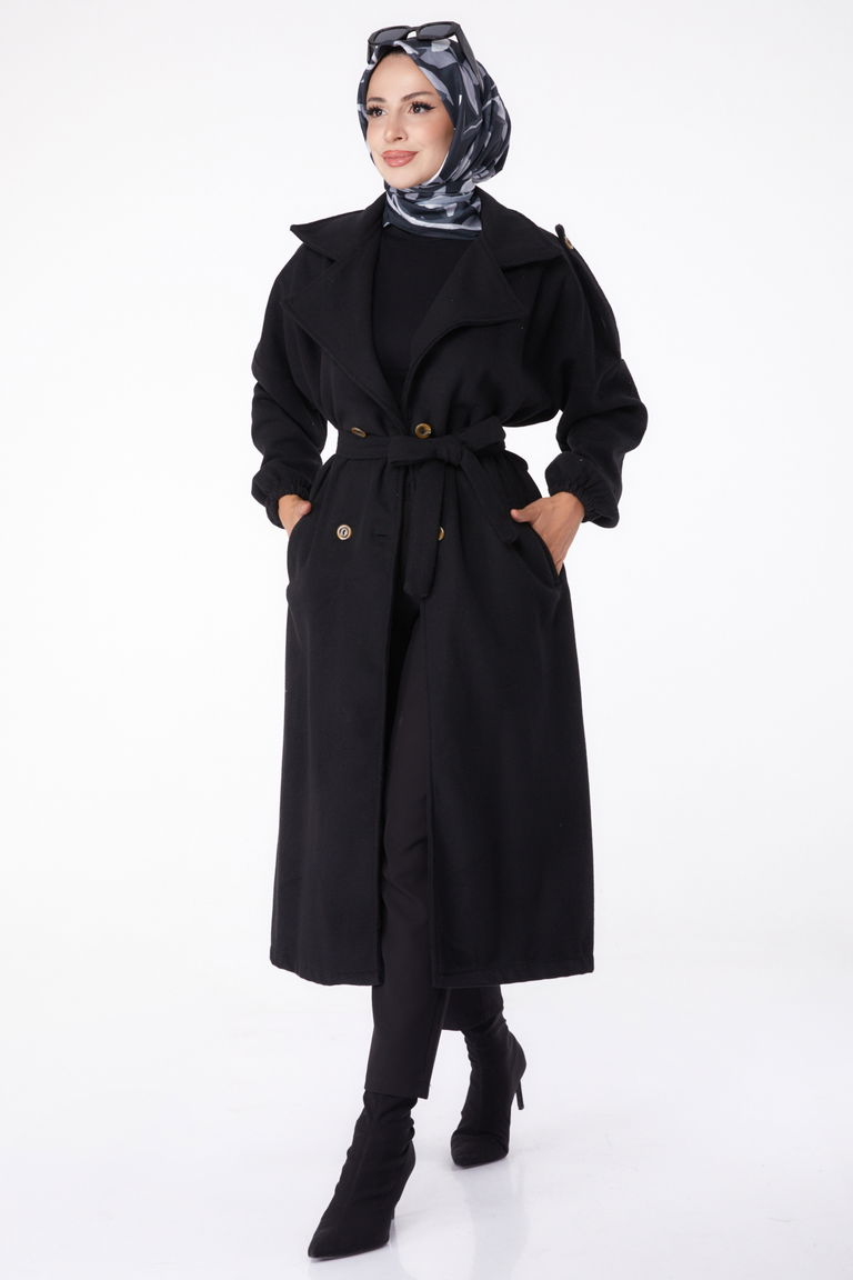 Düz Kruvaze Yaka Kadın Siyah Kaşe Kaban - 13288 - TOFİSA