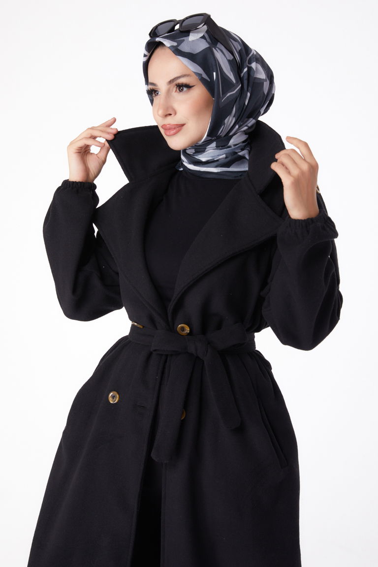 Düz Kruvaze Yaka Kadın Siyah Kaşe Kaban - 13288 - TOFİSA