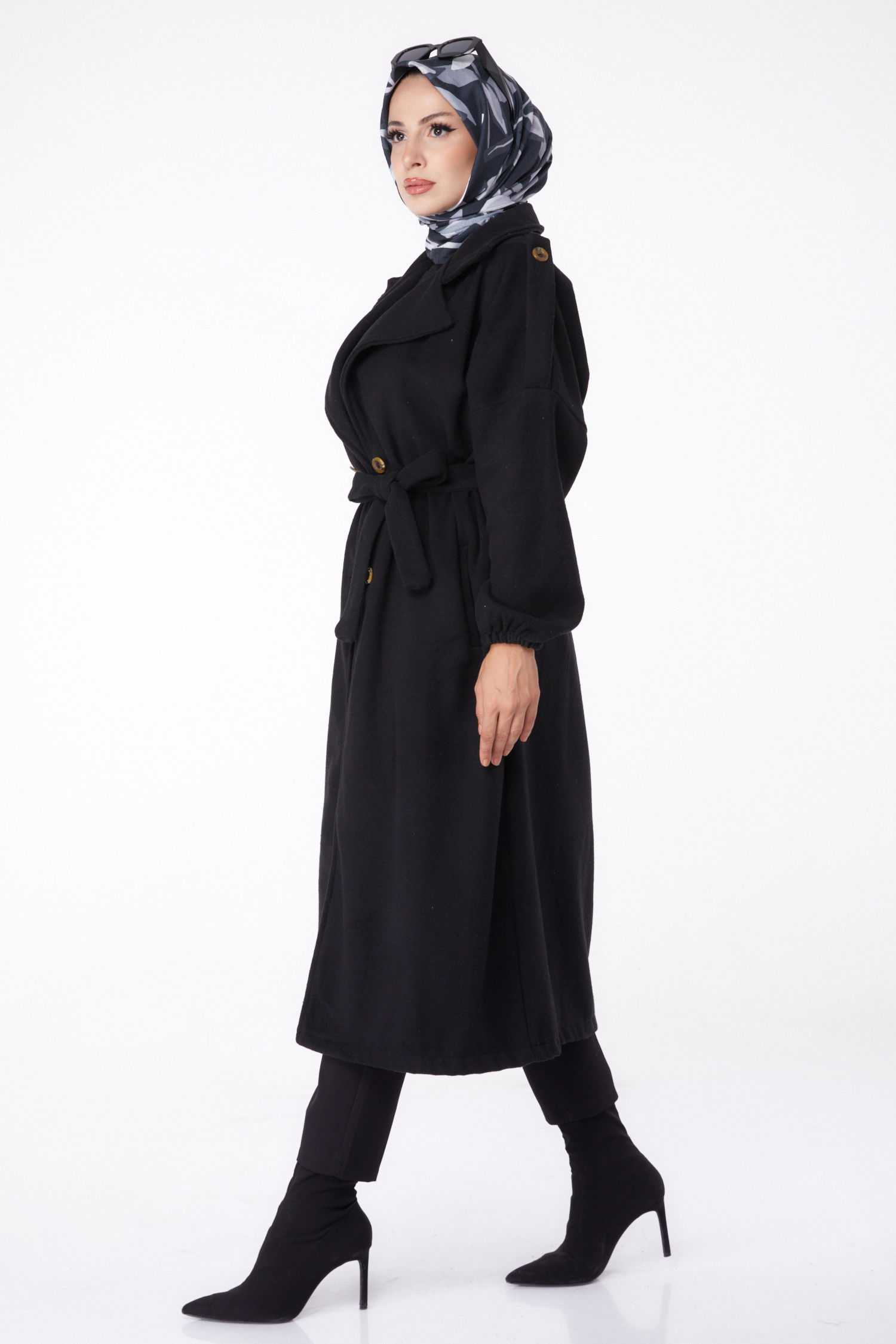 Düz Kruvaze Yaka Kadın Siyah Kaşe Kaban - 13288 - 4