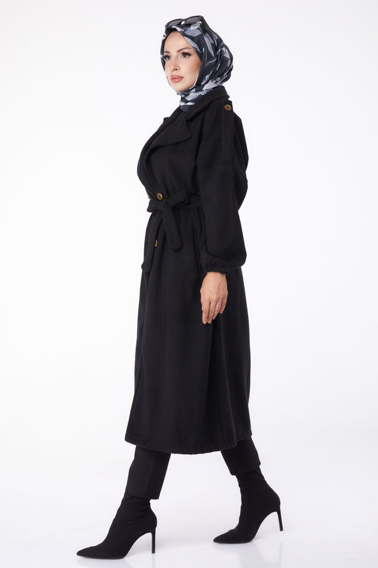 Düz Kruvaze Yaka Kadın Siyah Kaşe Kaban - 13288 - TOFİSA