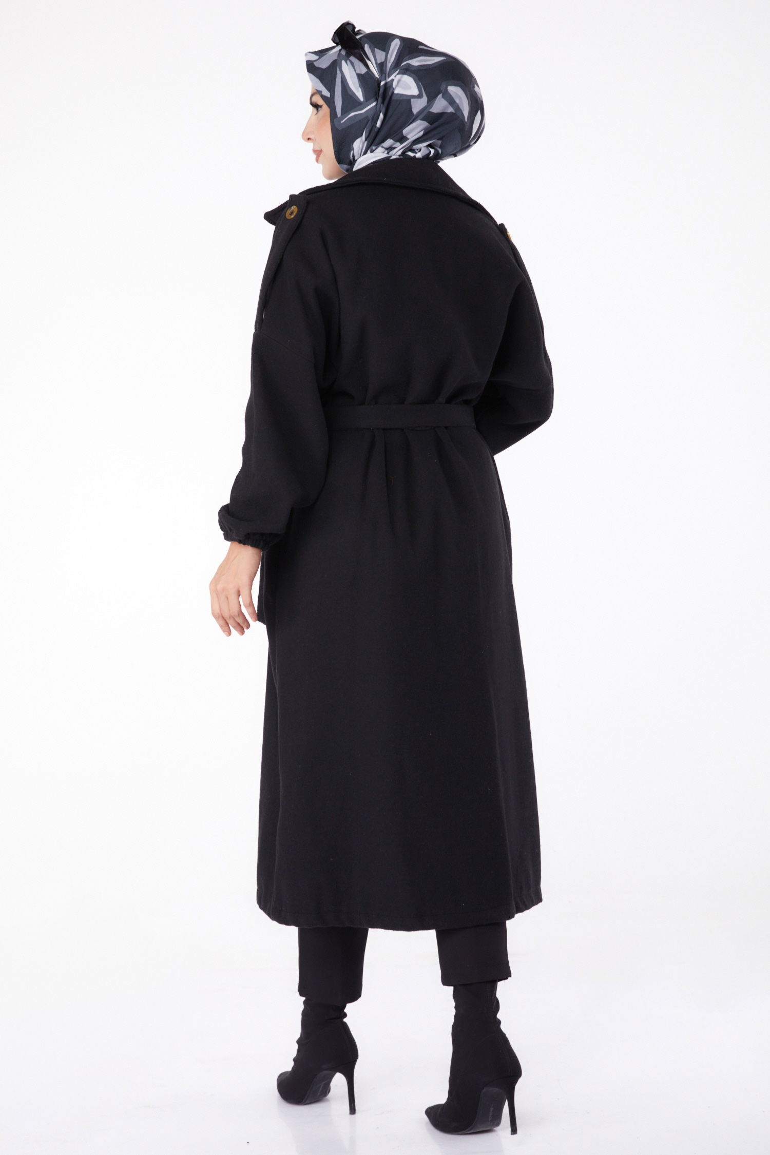 Düz Kruvaze Yaka Kadın Siyah Kaşe Kaban - 13288 - 5