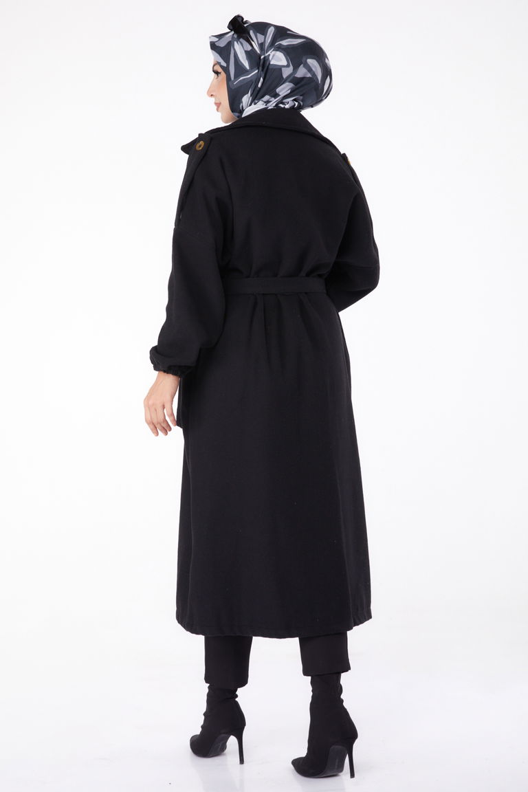 Düz Kruvaze Yaka Kadın Siyah Kaşe Kaban - 13288 - TOFİSA