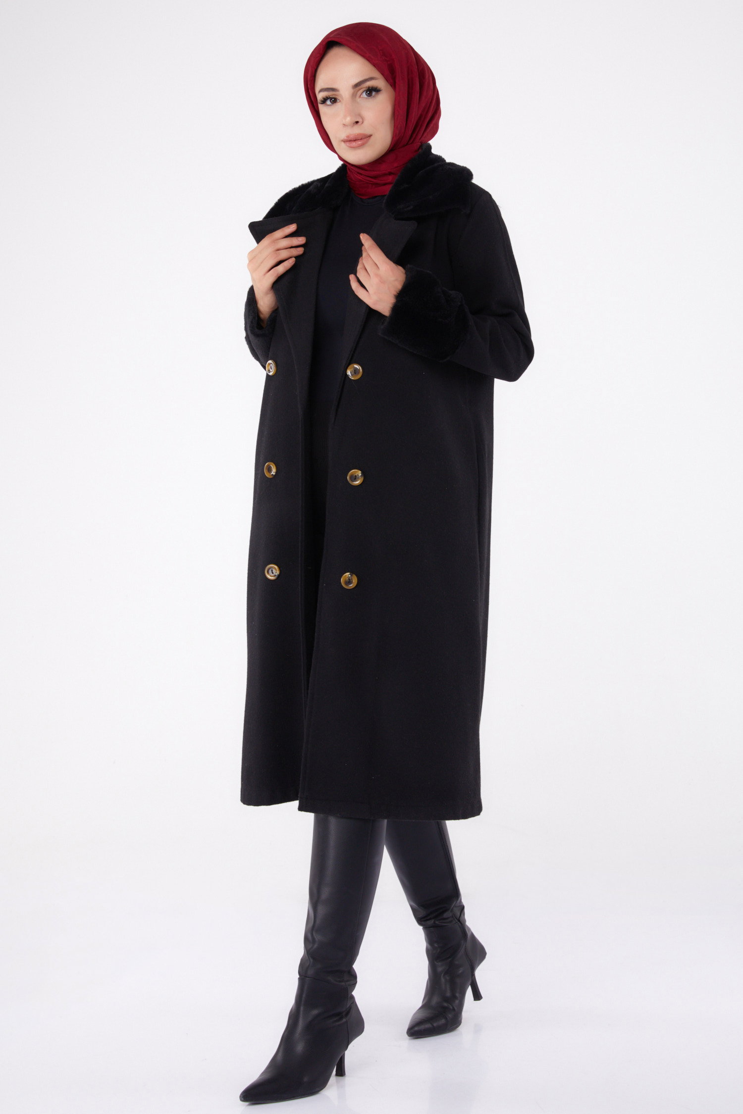 Kürk Detaylı Kaşe Kaban Siyah - 13293 - 1