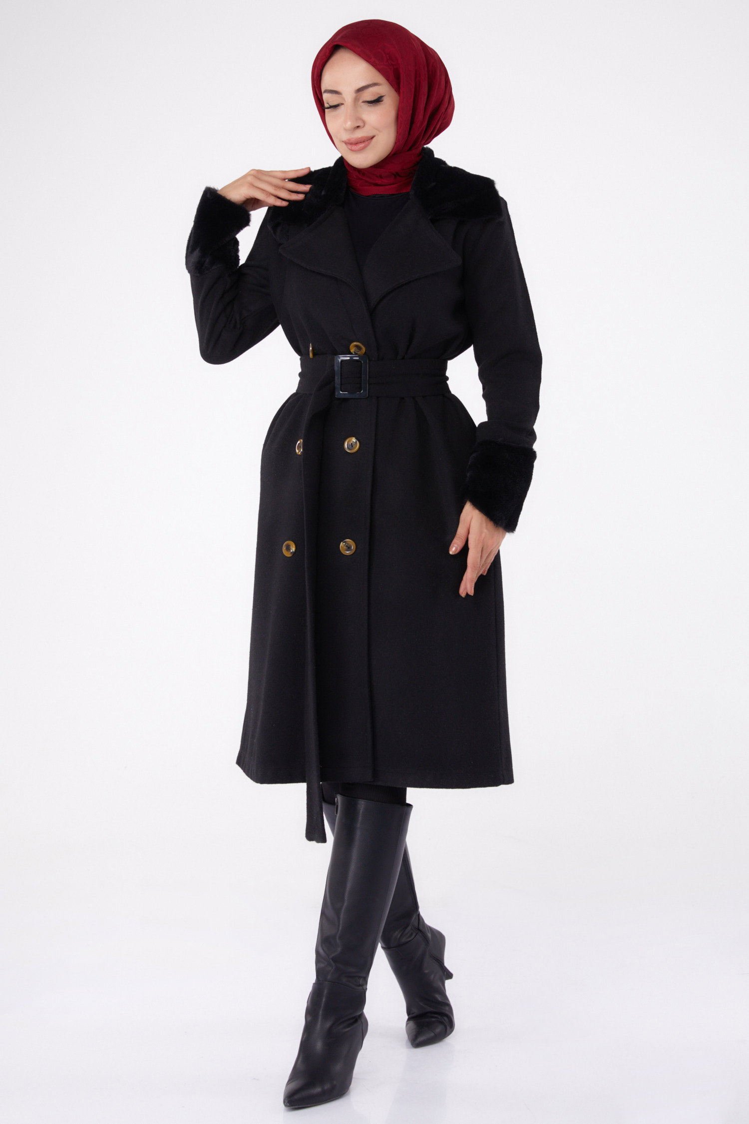 Kürk Detaylı Kaşe Kaban Siyah - 13293 - 2