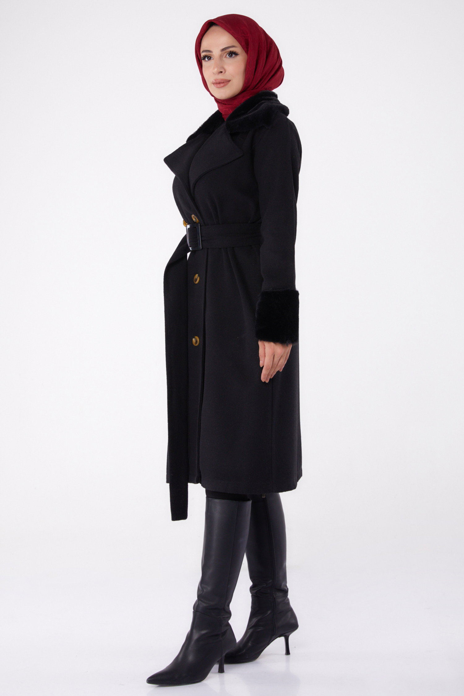 Kürk Detaylı Kaşe Kaban Siyah - 13293 - 4