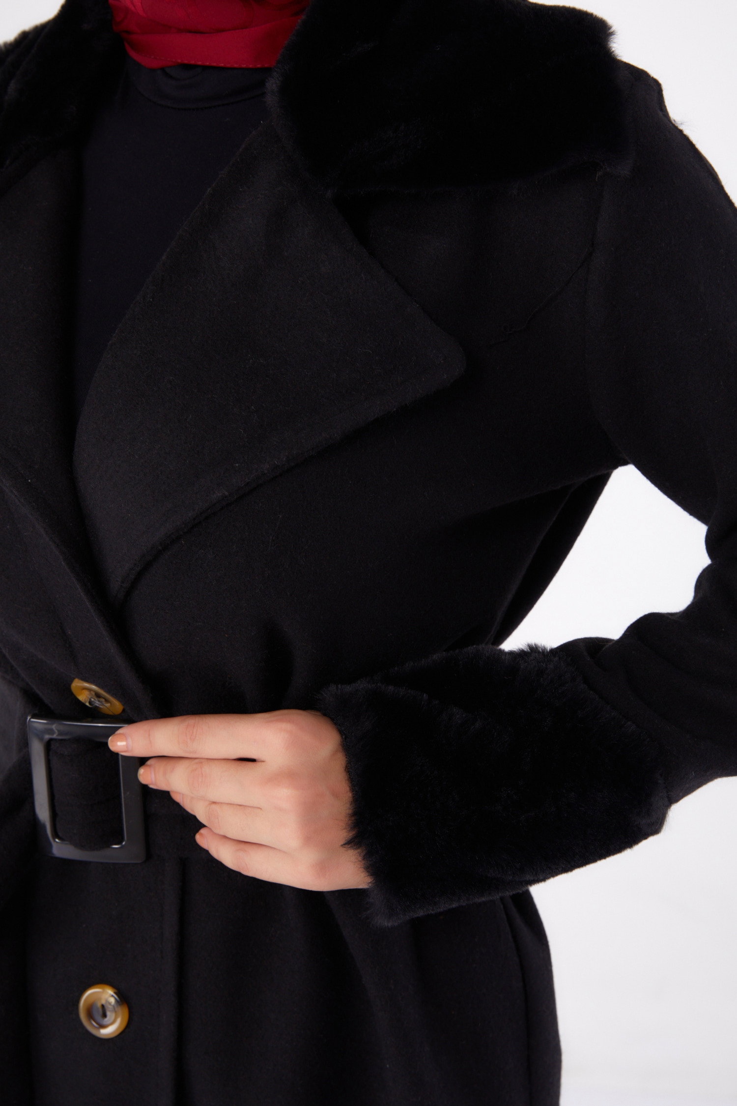 Kürk Detaylı Kaşe Kaban Siyah - 13293 - 6