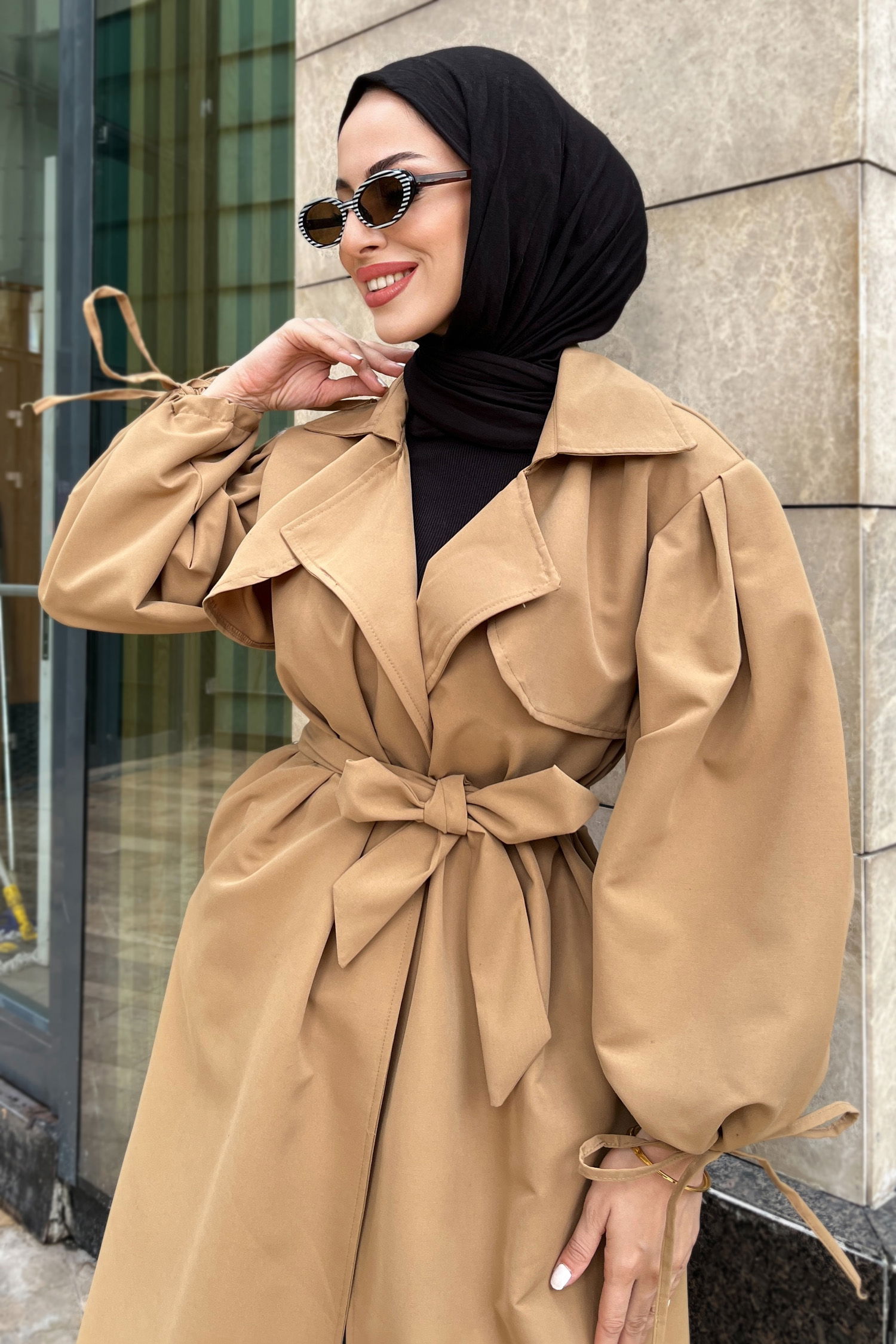 Düz Kruvaze Yaka Kadın Vizon Trençkot - 26480 - 4