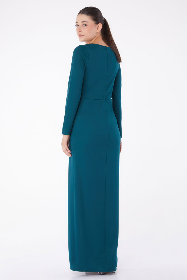 Düz Kruvaze Yaka Kadın Zümrüt Abiye Elbise - 13254 - TOFİSA