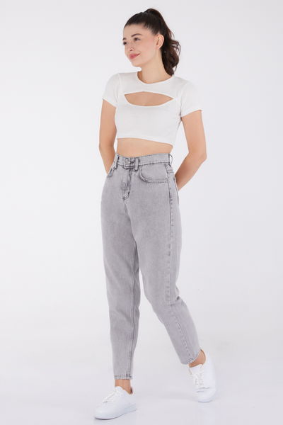 Düz Orta Kadın Açik Gri Mom Jeans - 24060 