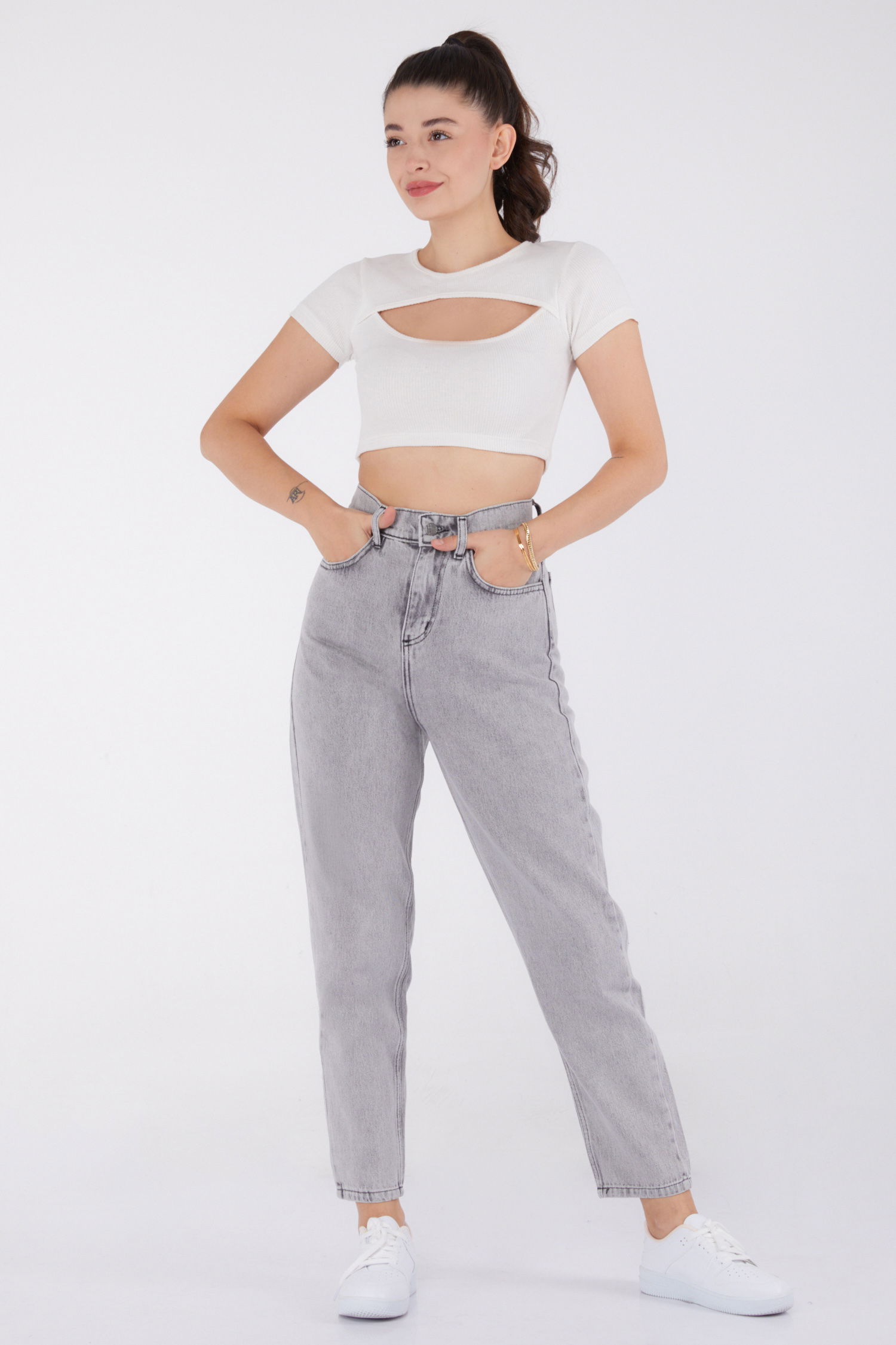 Düz Orta Kadın Açik Gri Mom Jeans - 24060 - 2