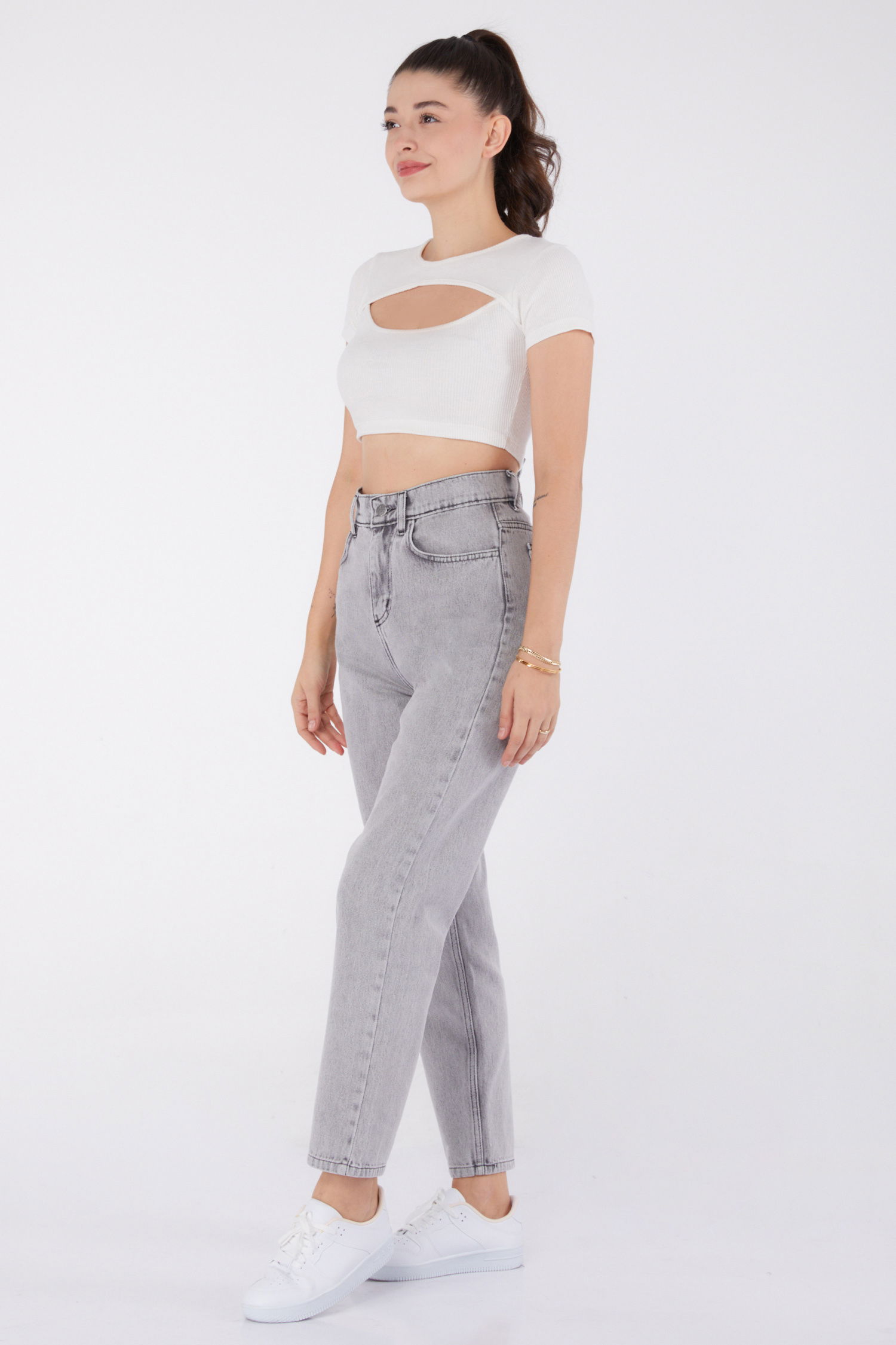 Düz Orta Kadın Açik Gri Mom Jeans - 24060 - 4