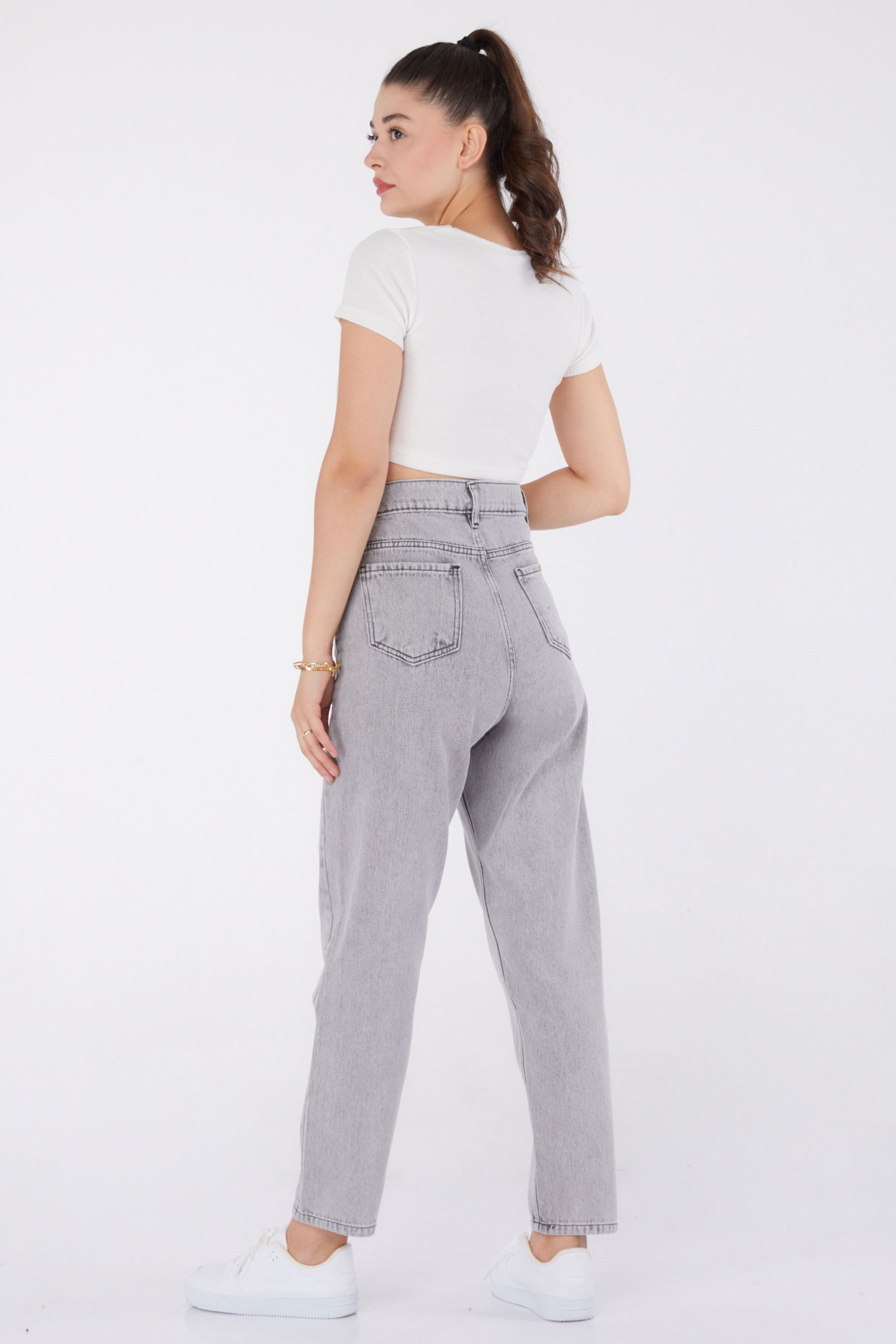 Düz Orta Kadın Açik Gri Mom Jeans - 24060 - 5