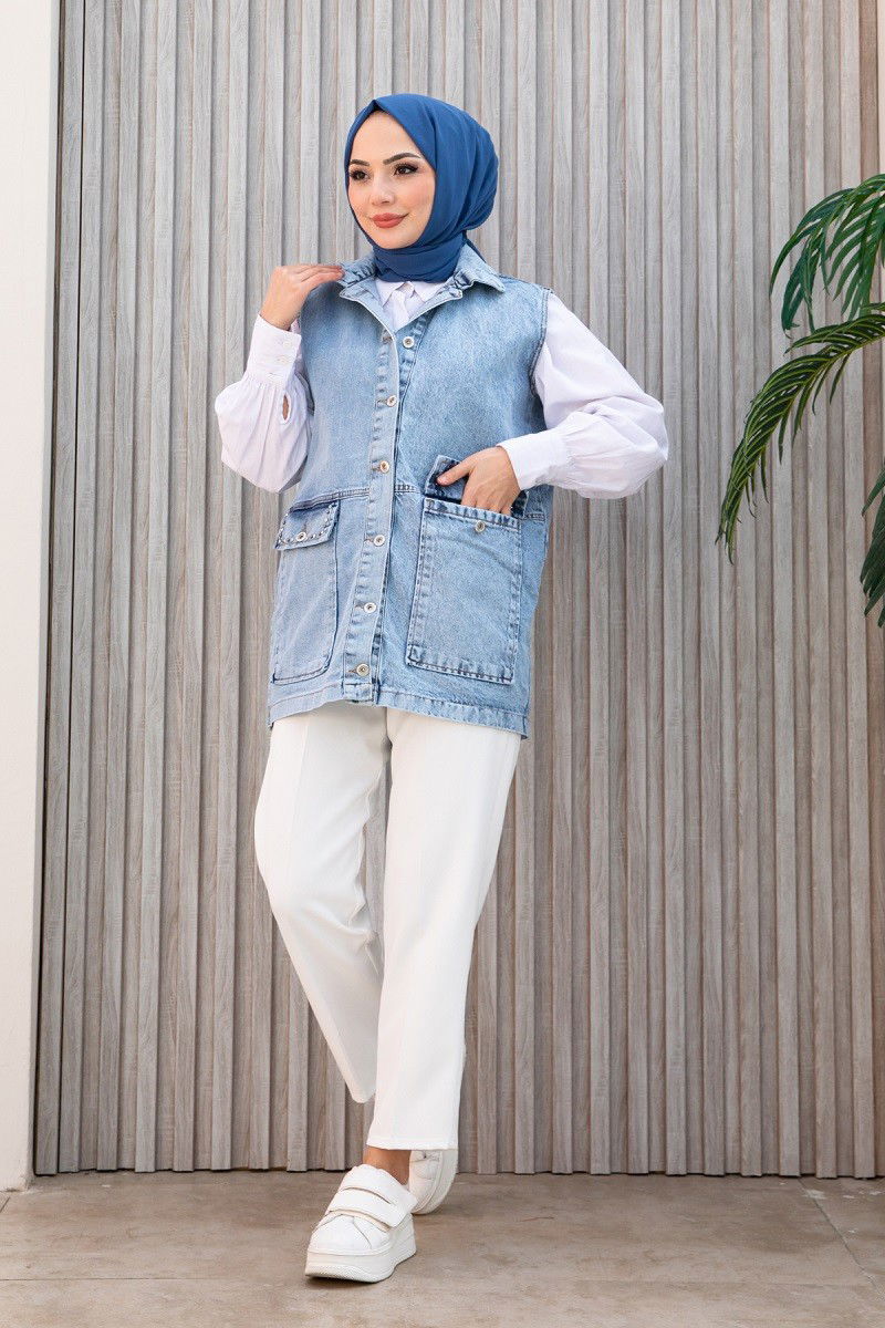 Kadın Geniş Cep Taş Detay Kot Yelek Acik Mavi - 26581 - 2