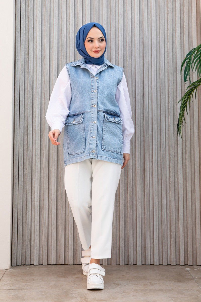 Kadın Geniş Cep Taş Detay Kot Yelek Acik Mavi - 26581 - 3