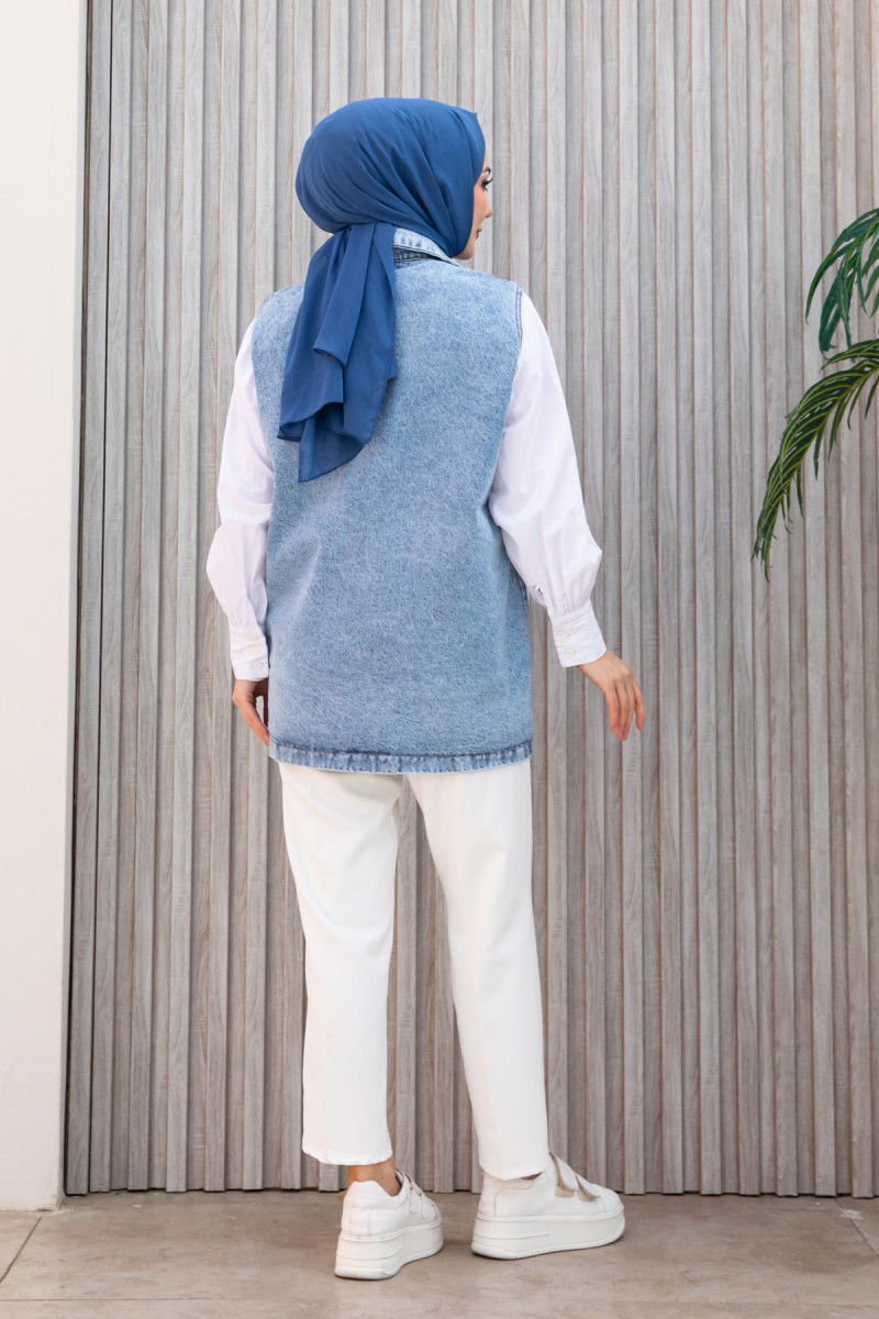 Kadın Geniş Cep Taş Detay Kot Yelek Acik Mavi - 26581 - 4
