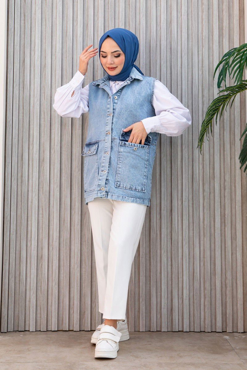 Kadın Geniş Cep Taş Detay Kot Yelek Acik Mavi - 26581 - 5