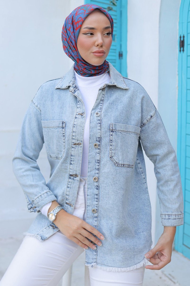 Kadın Çift Cepli Püskül Detay Kot Ceket Acik Mavi - 26576 - 1