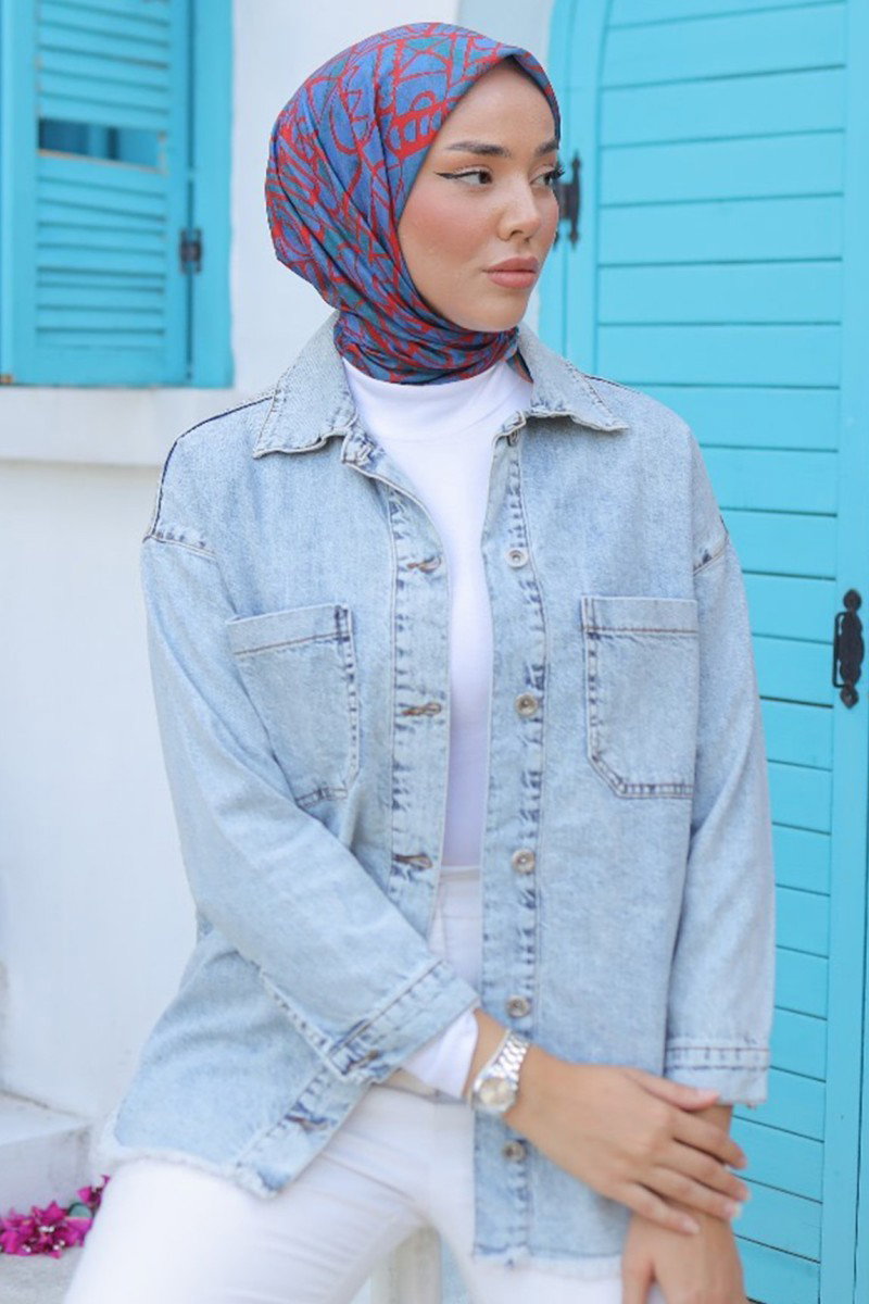 Kadın Çift Cepli Püskül Detay Kot Ceket Acik Mavi - 26576 - 2