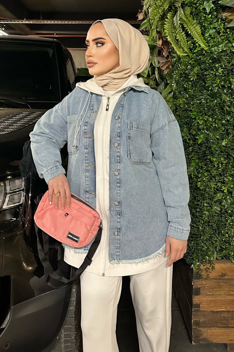 Kadın Çift Cepli Püskül Detay Kot Ceket Acik Mavi - 26576 - 3