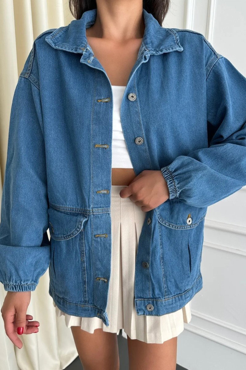 Kadın Oversize Körüklü Cep Kot Ceket Acik Mavi - 26578 - 1