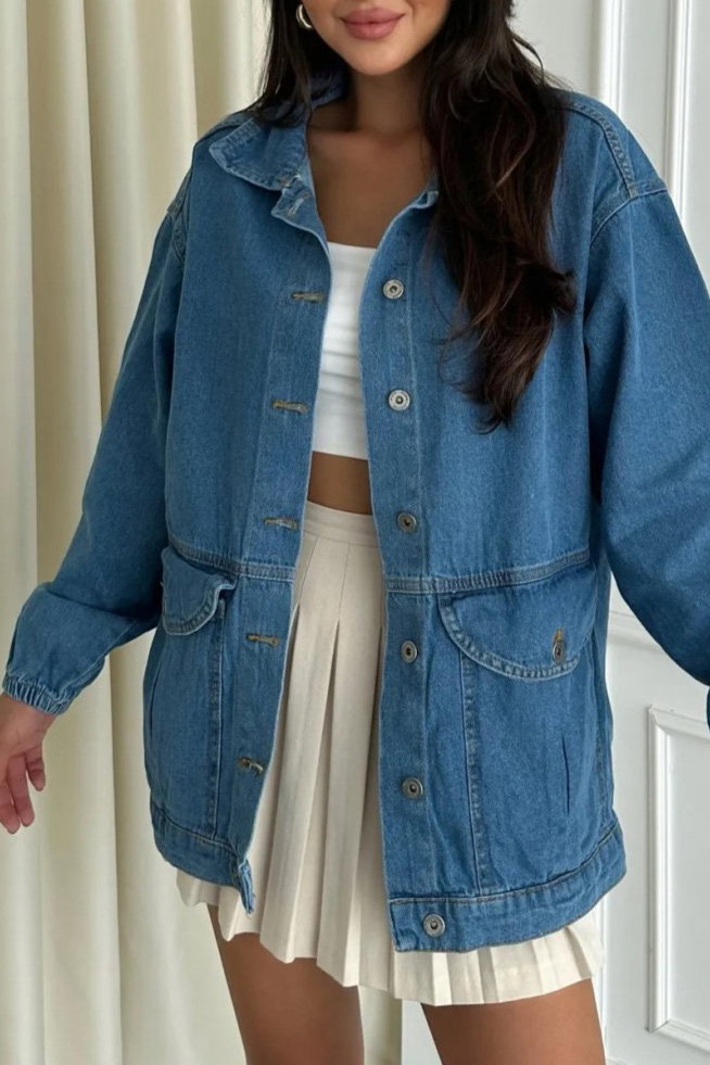 Kadın Oversize Körüklü Cep Kot Ceket Acik Mavi - 26578 - 2