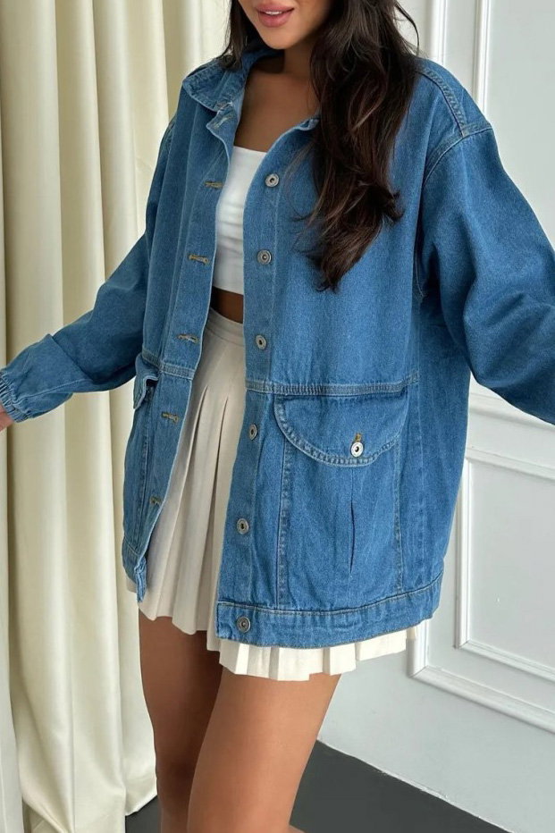 Kadın Oversize Körüklü Cep Kot Ceket Acik Mavi - 26578 - 3