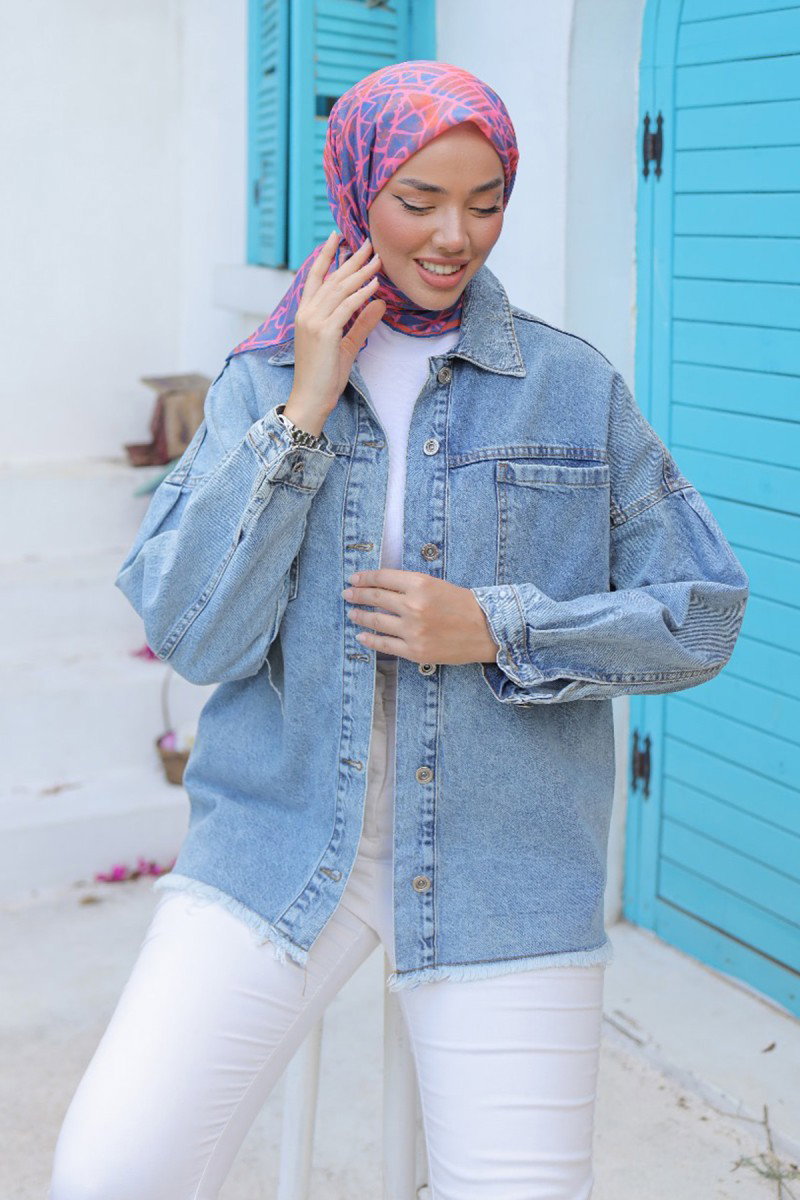 Kadın Oversize Püskül Detay Yaka Cep Kot Ceket Acik Mavi - 26580 - 1