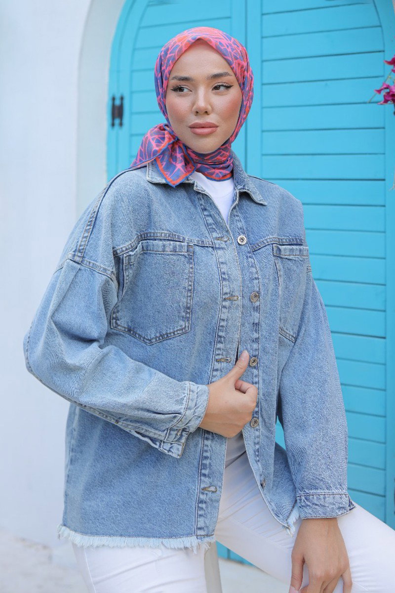 Kadın Oversize Püskül Detay Yaka Cep Kot Ceket Acik Mavi - 26580 - 2