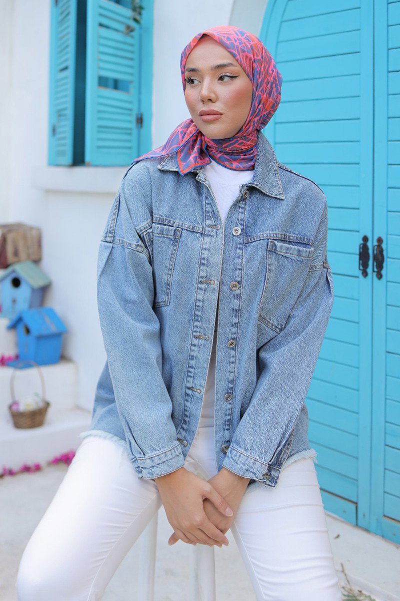 Kadın Oversize Püskül Detay Yaka Cep Kot Ceket Acik Mavi - 26580 - 3