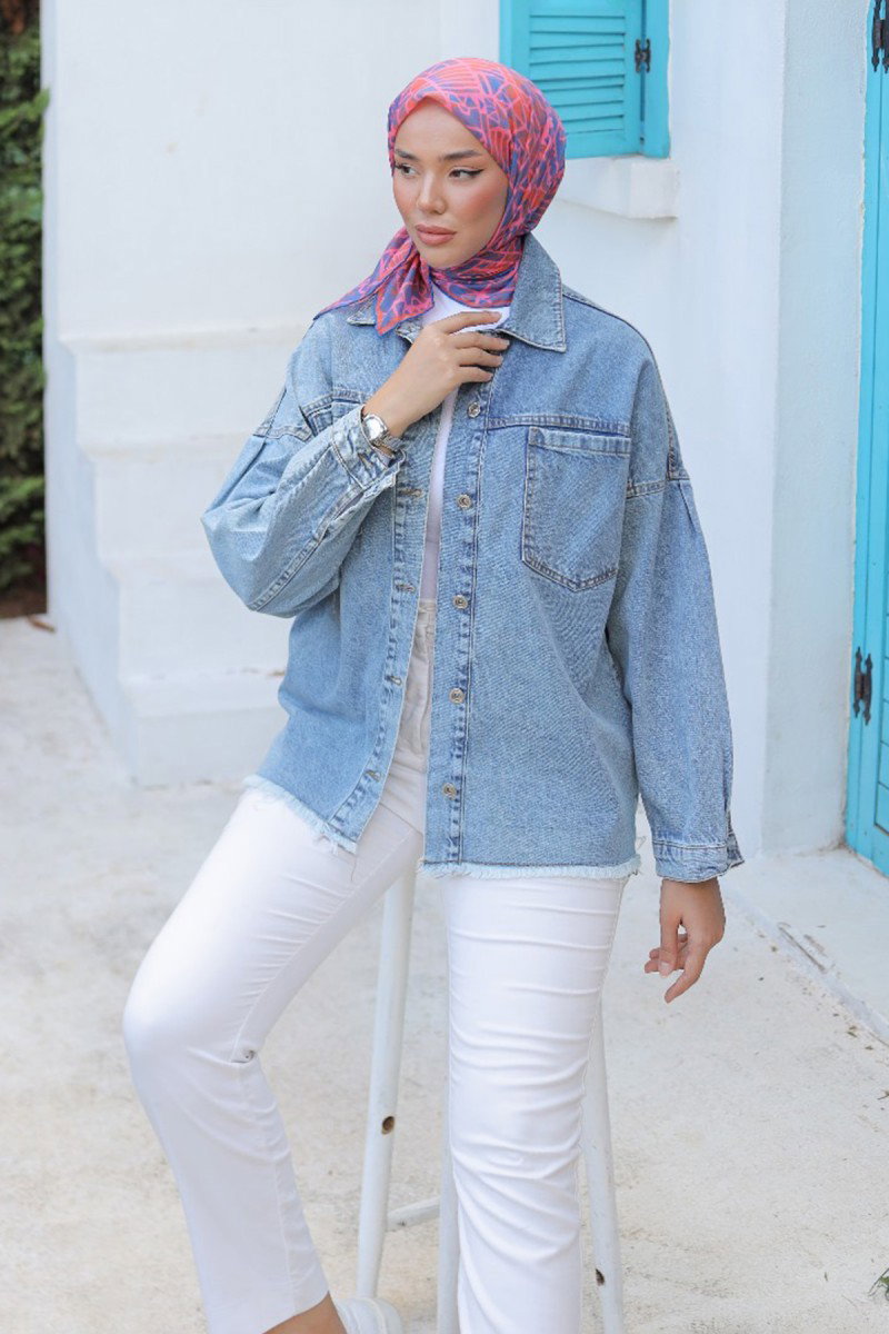 Kadın Oversize Püskül Detay Yaka Cep Kot Ceket Acik Mavi - 26580 - 4