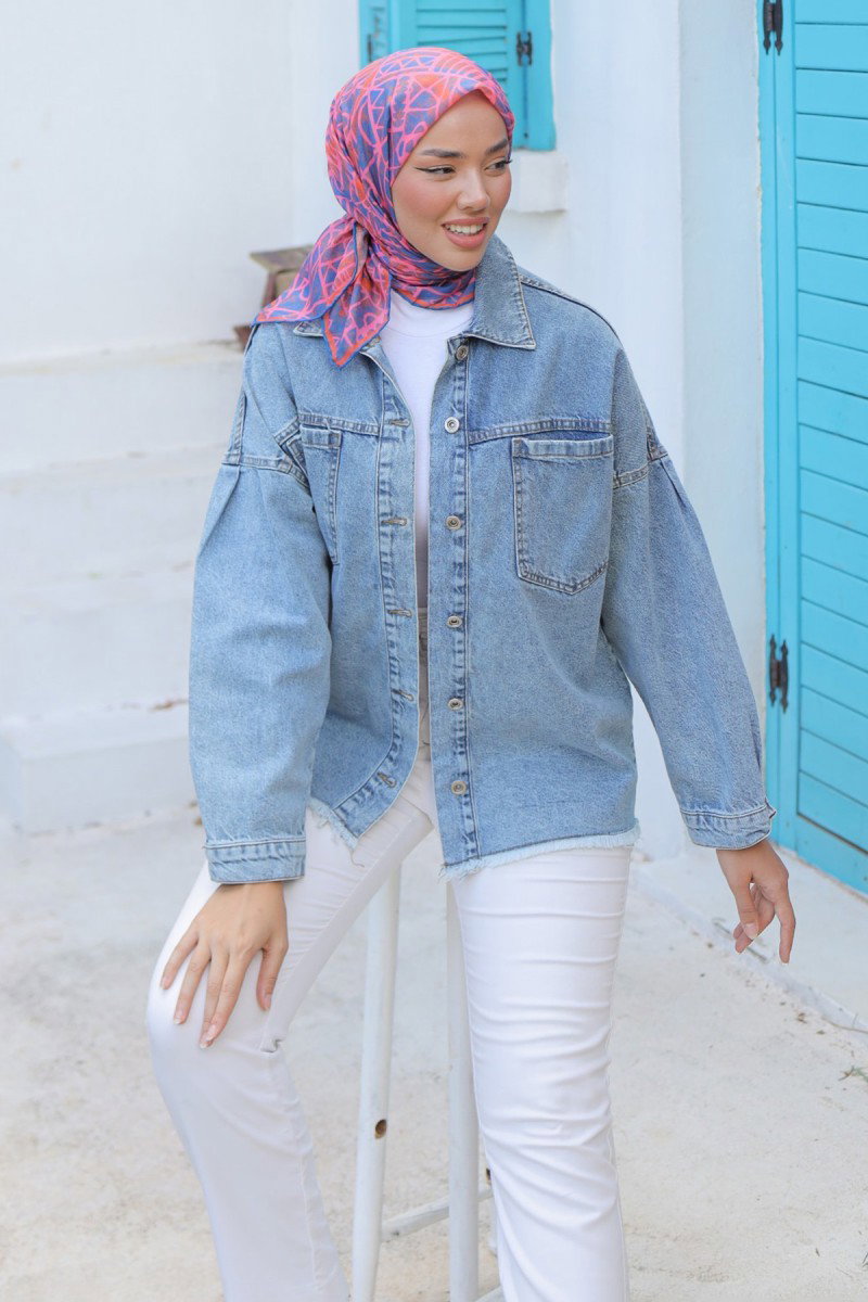 Kadın Oversize Püskül Detay Yaka Cep Kot Ceket Acik Mavi - 26580 - 5