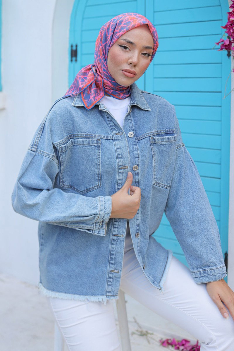 Kadın Oversize Püskül Detay Yaka Cep Kot Ceket Acik Mavi - 26580 - 6