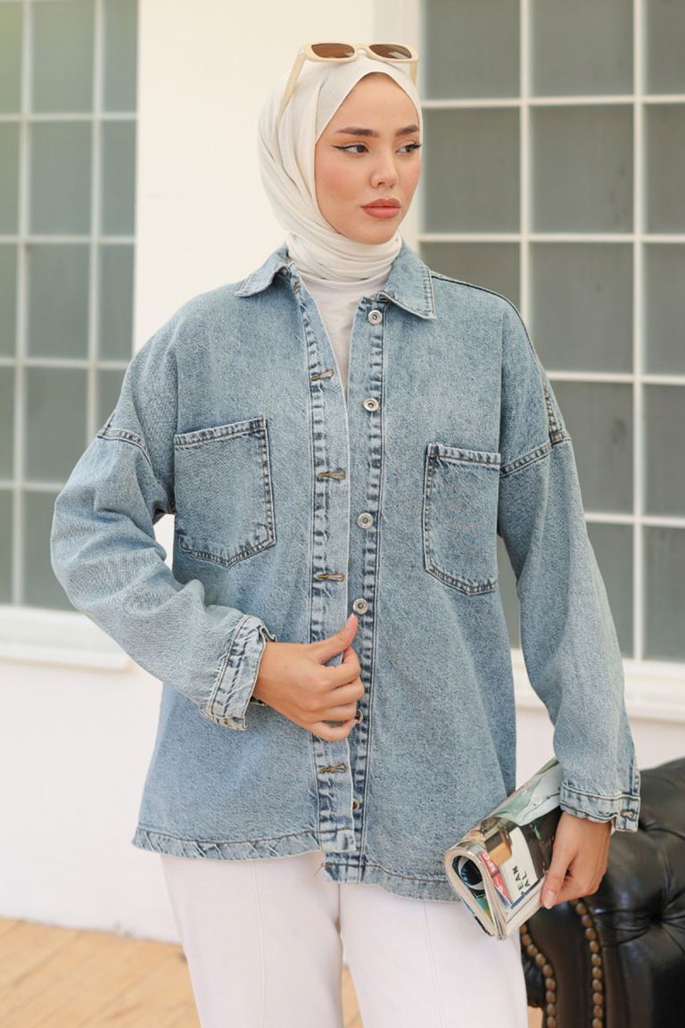 Kadın Oversize Cep Detay Kot Gömlek Ceket Acik Mavi - 26571 - TOFİSA