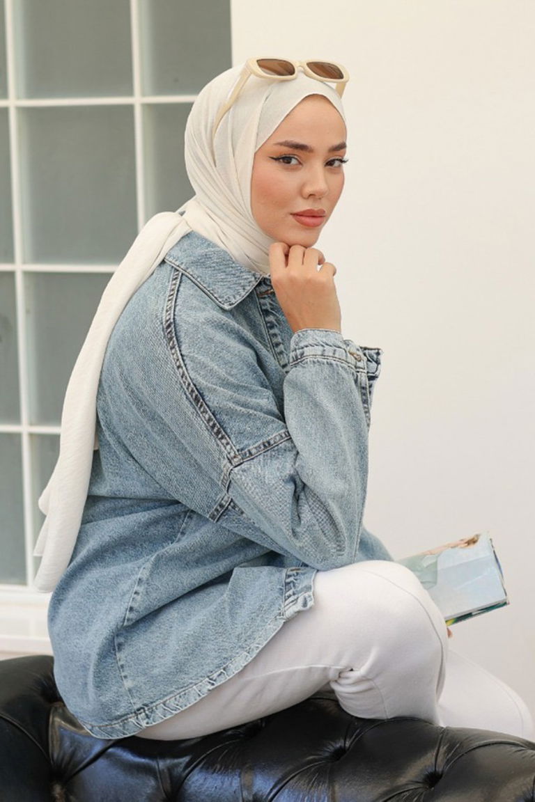 Kadın Oversize Cep Detay Kot Gömlek Ceket Acik Mavi - 26571 - TOFİSA