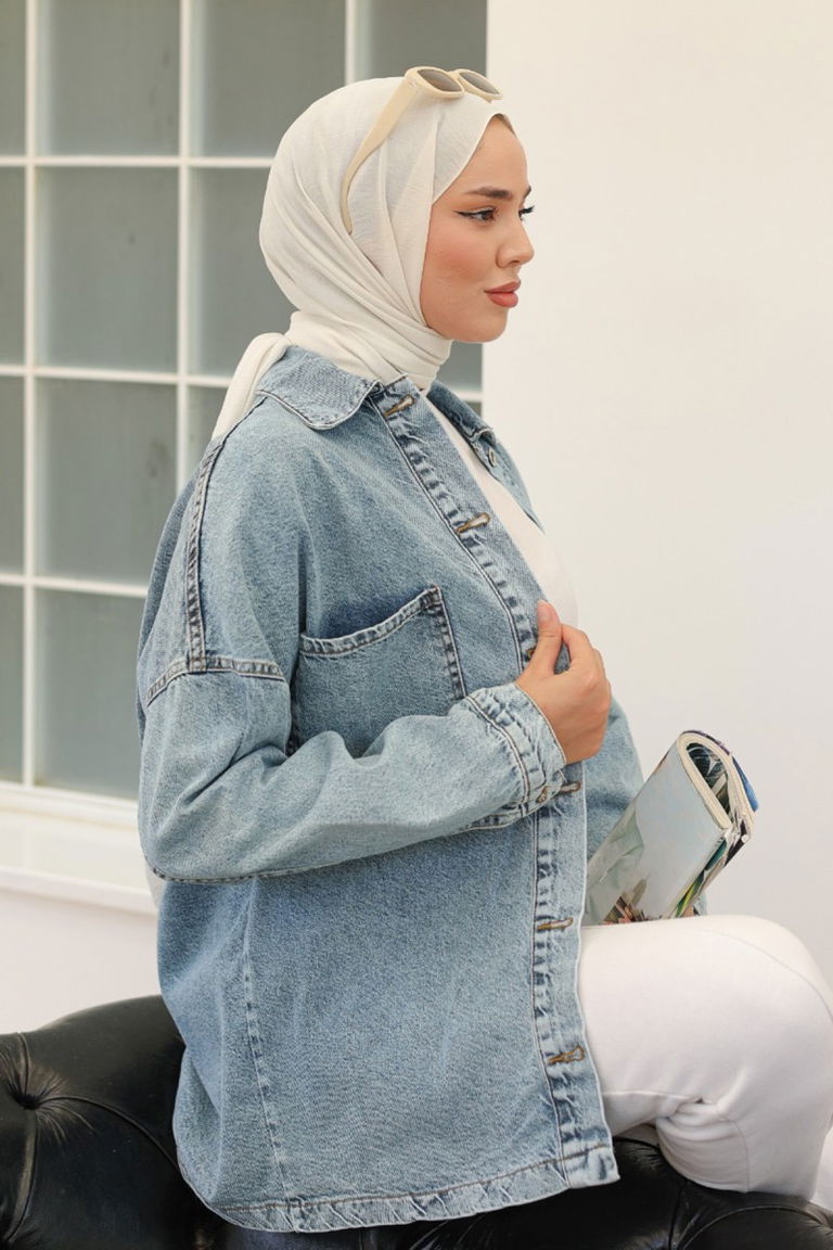 Kadın Oversize Cep Detay Kot Gömlek Ceket Acik Mavi - 26571 - TOFİSA
