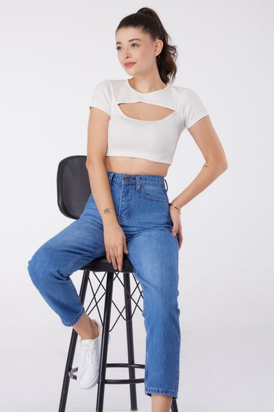 Düz Orta Kadın Acik Mavi Mom Pantolon - 23786 