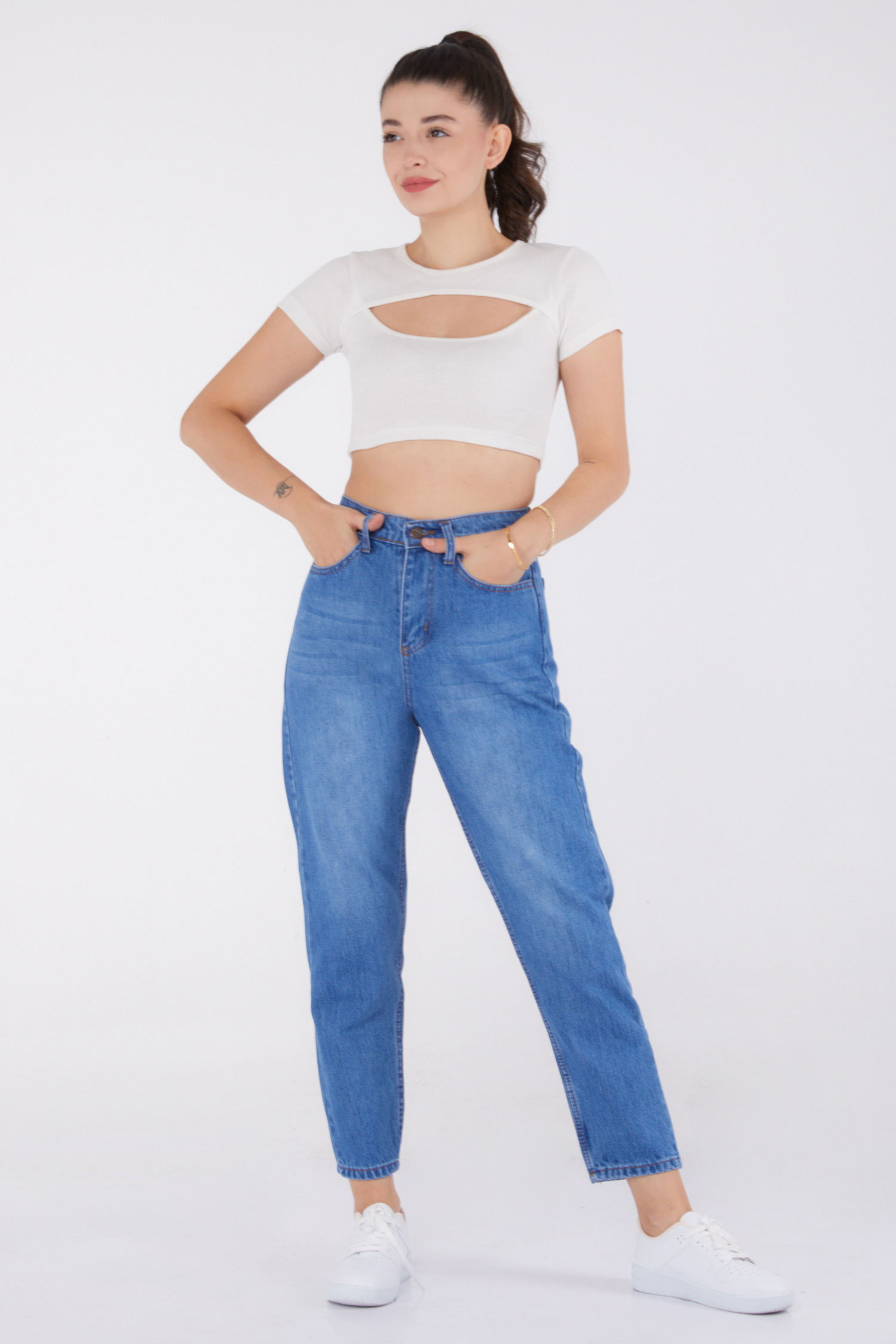 Düz Orta Kadın Acik Mavi Mom Pantolon - 23786 - 2