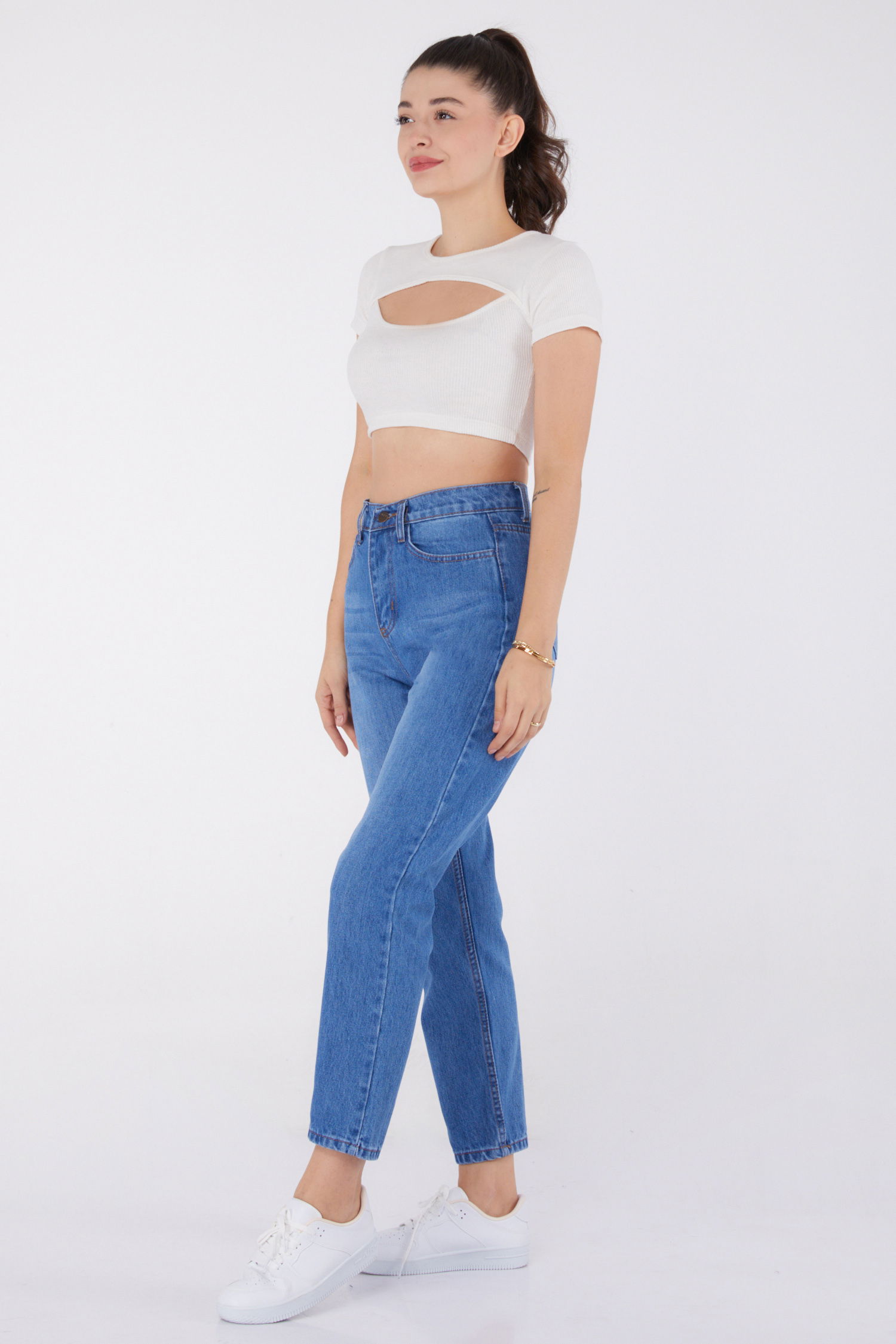 Düz Orta Kadın Acik Mavi Mom Pantolon - 23786 - 4