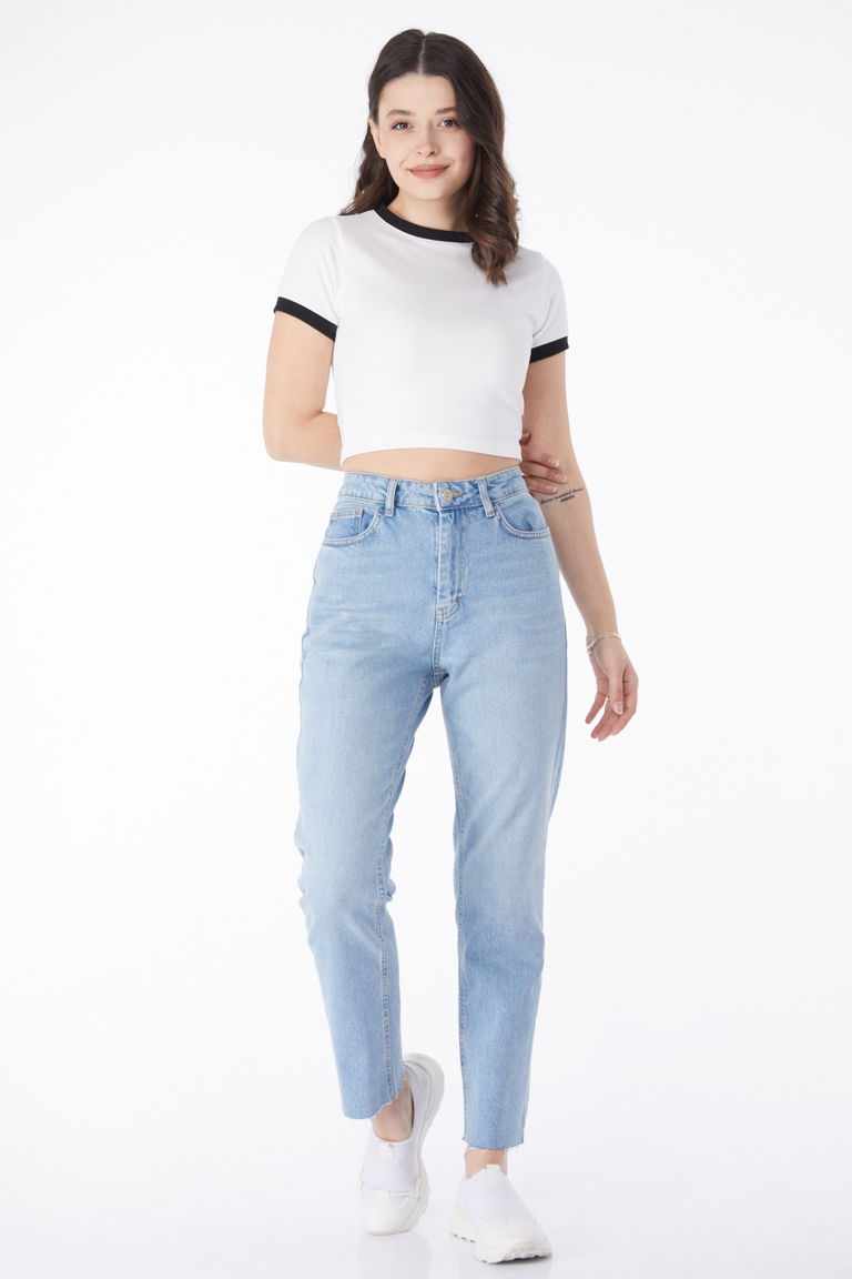 Düz Orta Kadın Acik Mavi Paça Püsküllü Kot Pantolon - 50000 - TOFİSA